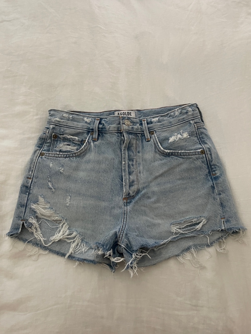 AGOLDE Light Wash Distressed High-Rise Jean Shorts